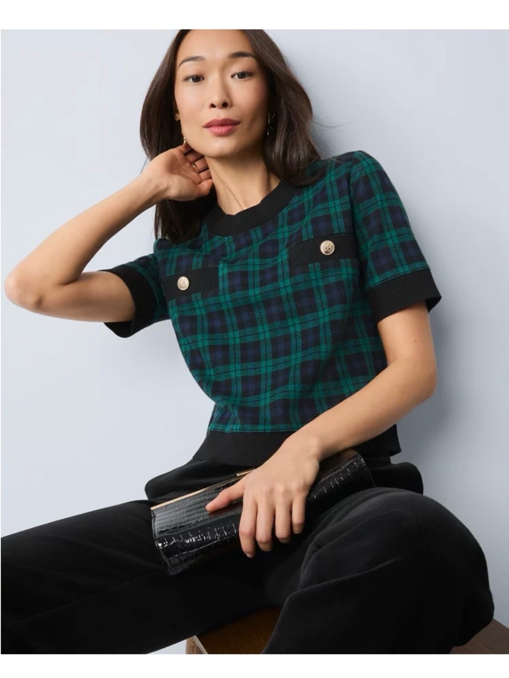 LOFT Green and Black Plaid Short-Sleeve Crop Top with Gold Buttons